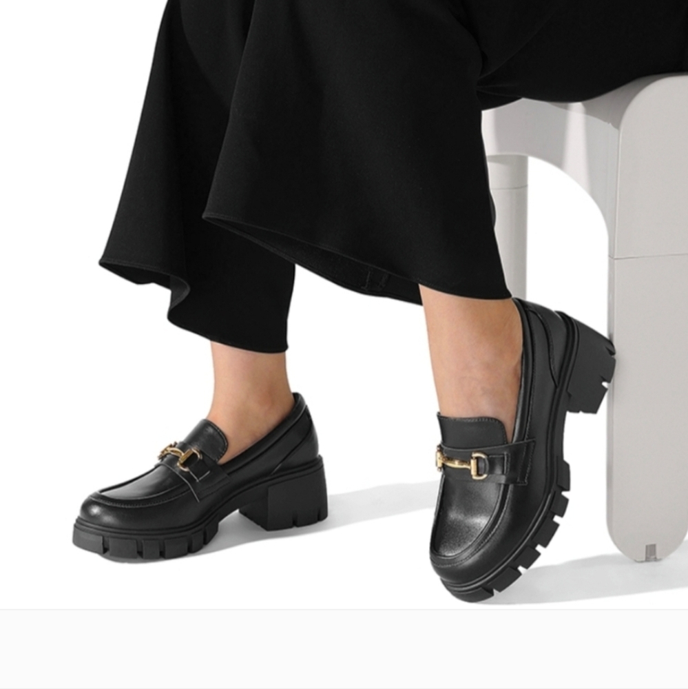 Dream Paris Black Faux Leather Loafers with Gold Accent And Chunky Heels